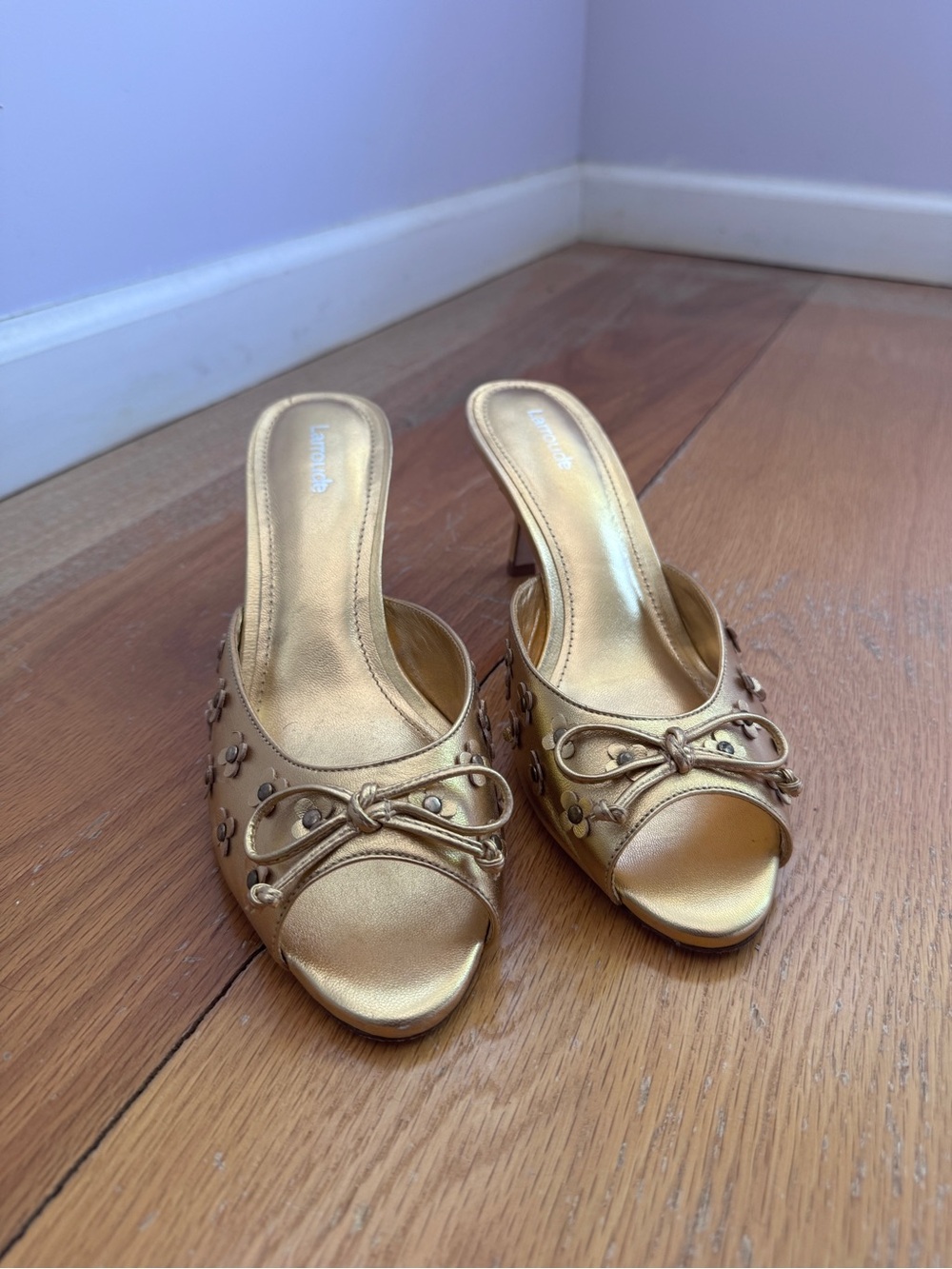 Larroude Gold Open-Toe Heeled Mules with Floral Studs - Picture 2 of 3